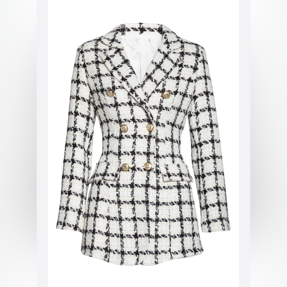 Luxe Tweed Double Breasted Lined Blazer Ivory/Black Gold Buttons